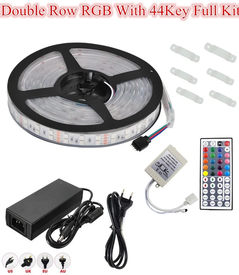 RGB 44Key Full Kit DC 12 V 600Led 120led/m Водонепроницаемая SMD 5050 RGB теплая белая светодиодная лента двухрядная гибкая лента с питанием и пультом дистанционного управления - Испускаемый цвет: RGB 44Key Full Kit