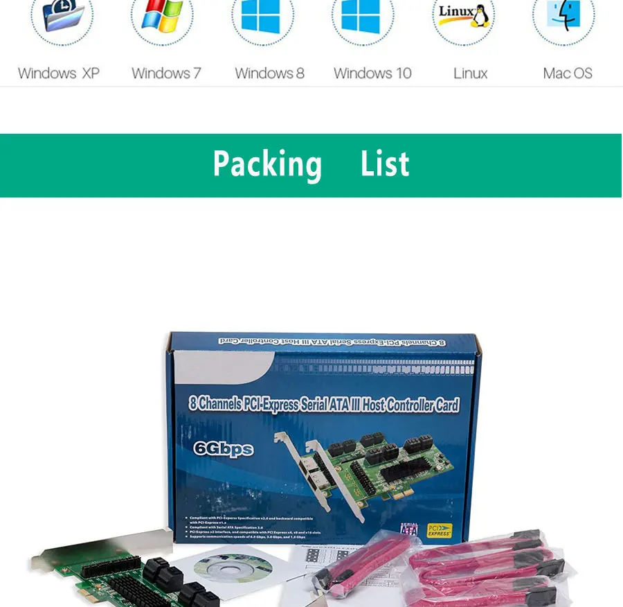Pcie к SATA III 6 Гбит/с 8 портовый контроллер карты PCIe 2,0x2 с низким профилем Brac PCI-express к SATA адаптер расширения