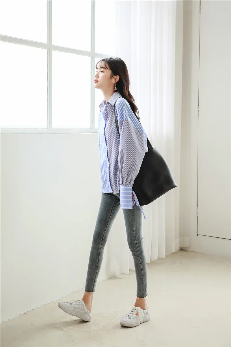 REALEFT Новое поступление Женская Повседневная полосатая Лоскутная Блузка с