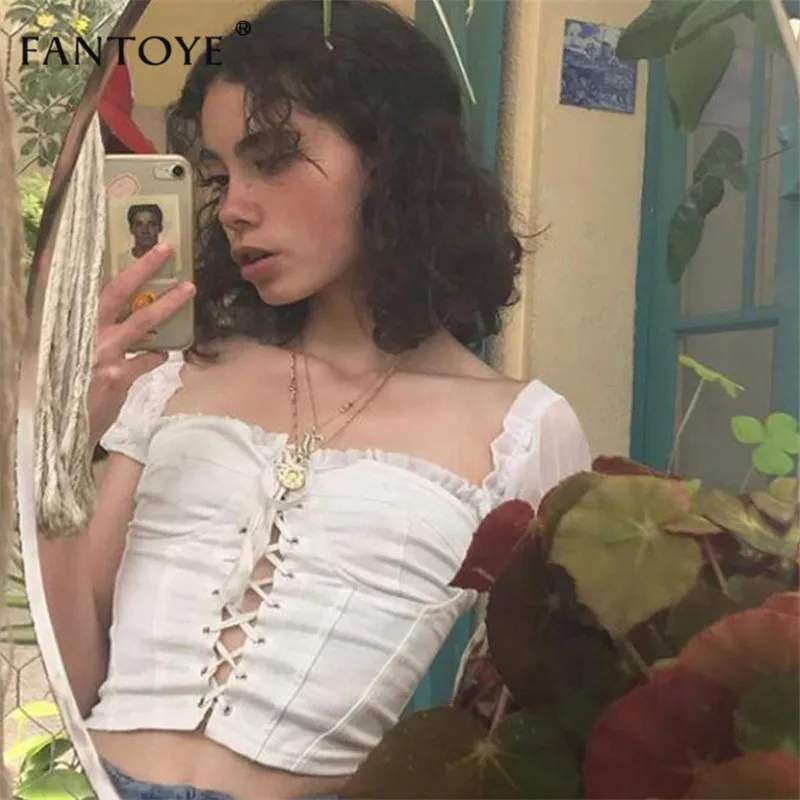 Fantoye белый сексуальный укороченный топ с открытыми плечами Горячая Летняя облегающая бандажная майка короткий жилет на бретелях для женщин Винтажная кружевная майка