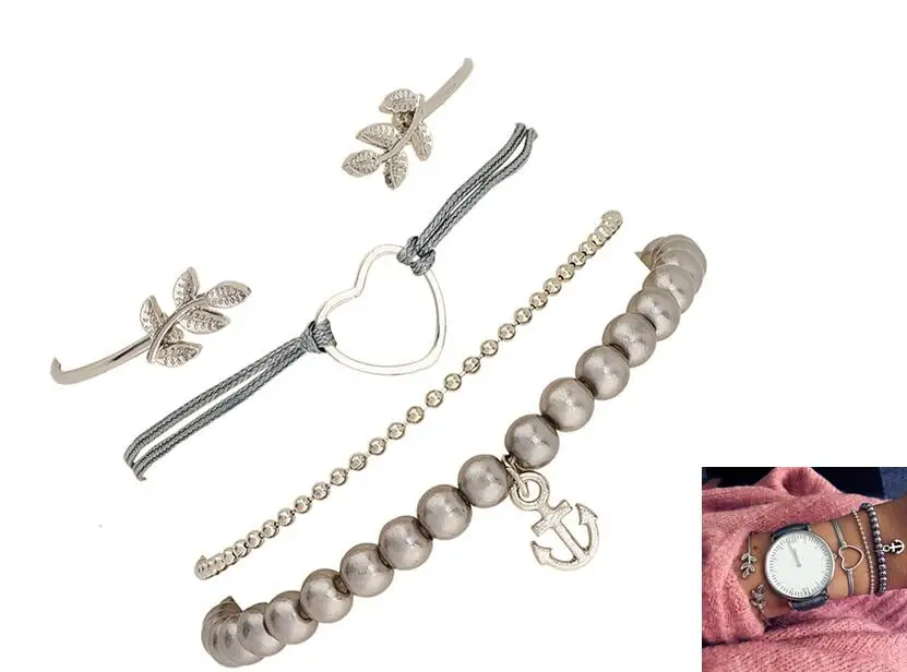 4pcs set 4 шт./компл. Для женщин браслеты в богемном стиле листья узел круглая цепь открытия набор с золотым браслетом женская модная одежда ювелирные изделия - Окраска металла: 4pcs set
