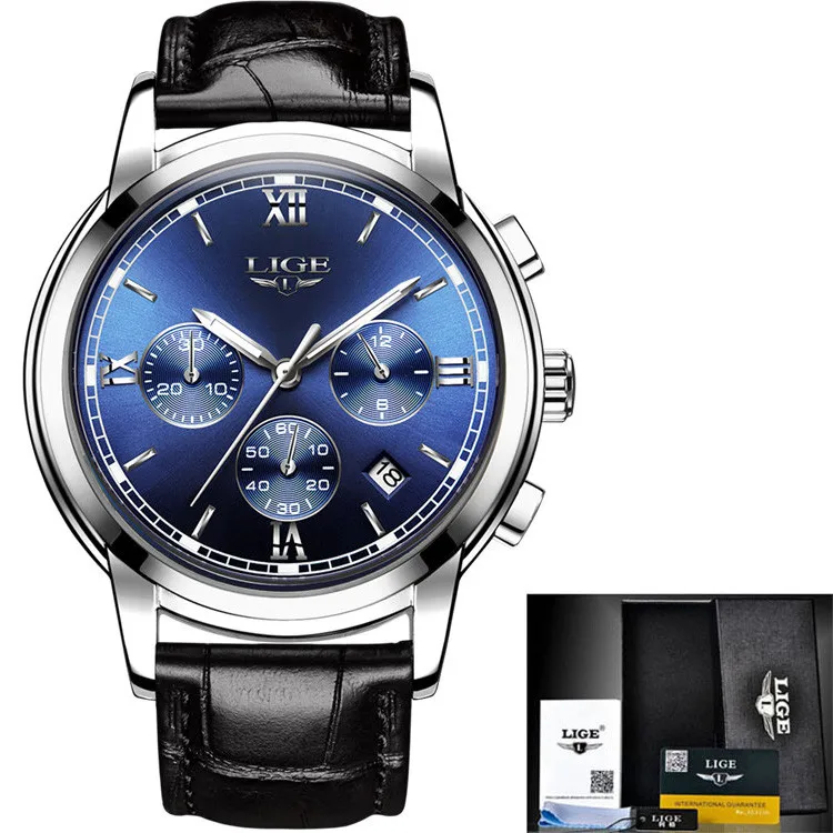 silver blue leather Relogio Masculino LIGE мужские часы Топ бренд класса люкс кожа повседневные кварцевые часы мужские военные спортивные водонепроницаемые часы с хронографом - Цвет: silver blue leather