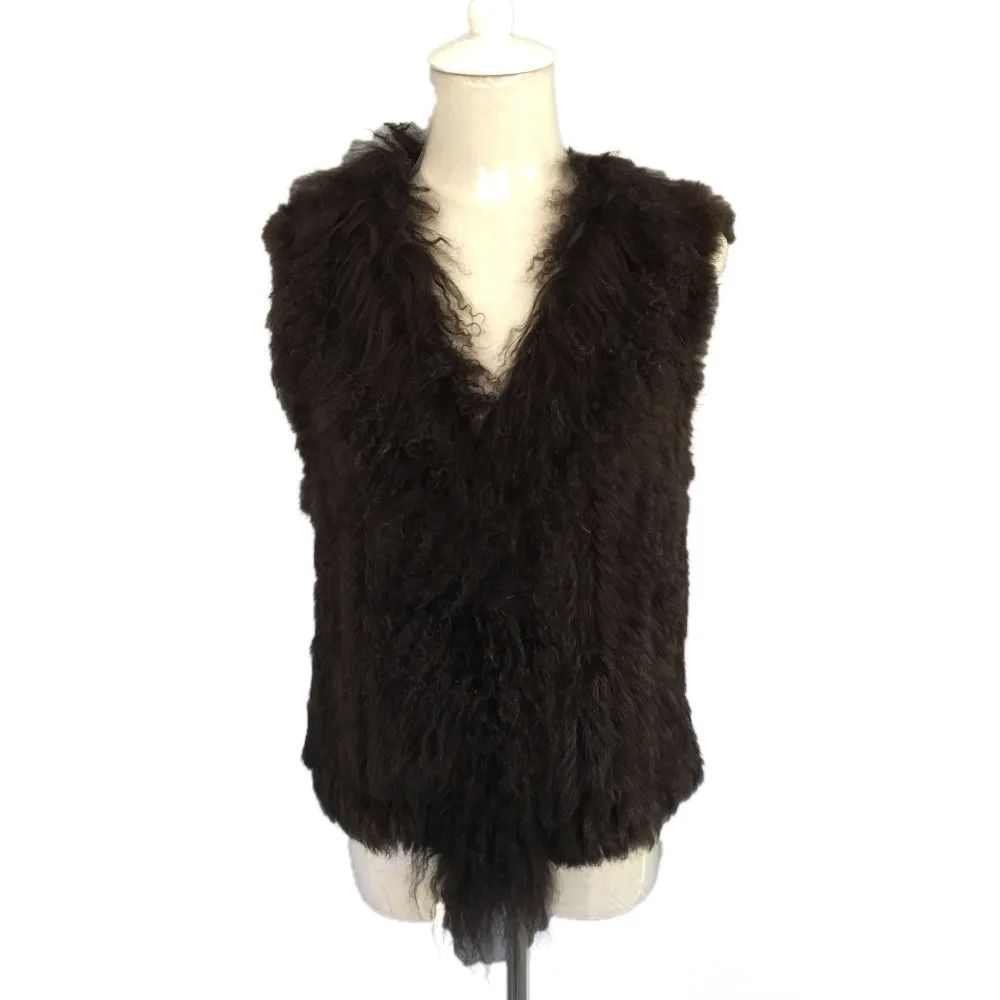 Autumn Winter Women's Genuine Real  Knitted Rabbit Fur Vest Lamb Fur Collar Lady Waistcoat Female Gilet VF5015
