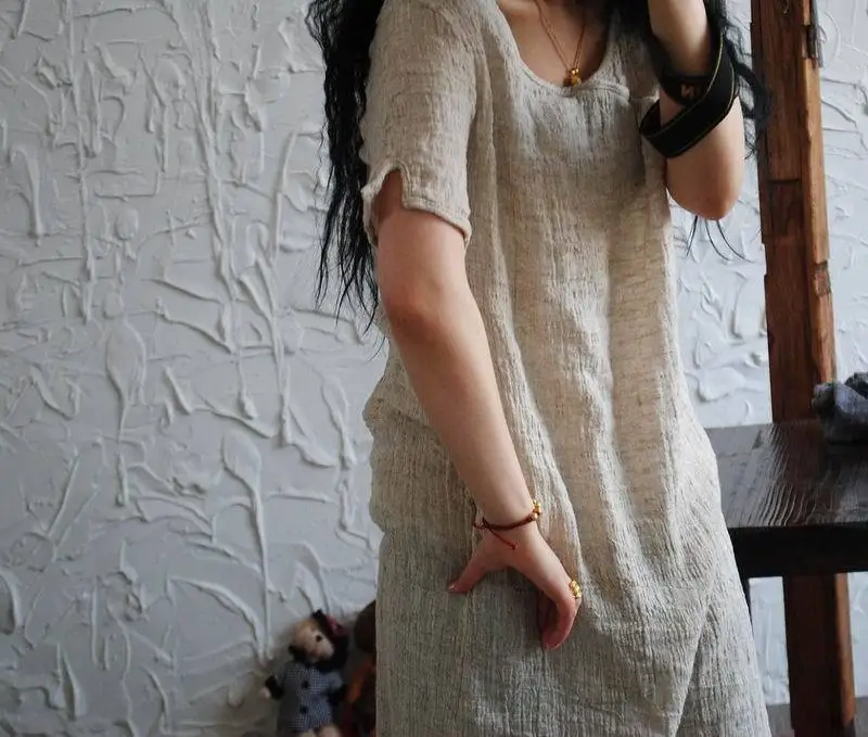 Женское льняное платье с коротким рукавом и подолом круглым вырезом|linen dress|shift