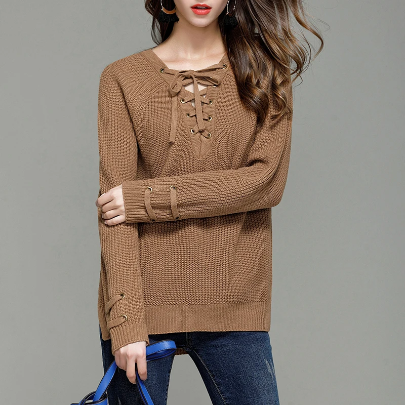 Women Autumn Pullover Fincati 2017 Sexy Lace Up V-Neck Long Sleeves New Solid Color Irregular Split Hem Winter Tops Femme | Женская