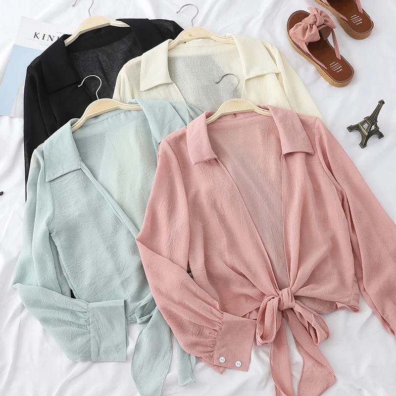 Новый летний Повседневное лук шифон рубашки Сладкий Тонкий Короткие блузки Для