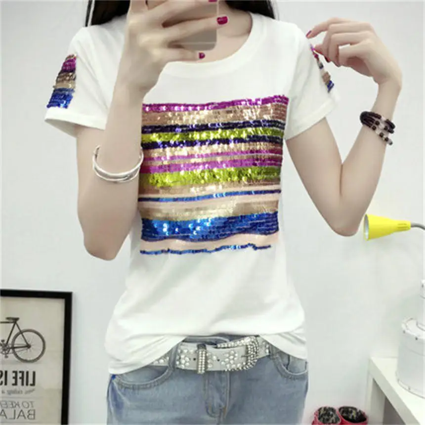 

New 2018 Summer T Shirt Women White short-sleeved long-sleeved T-shirt Women's Korean T-shirt Slim Sequin Top