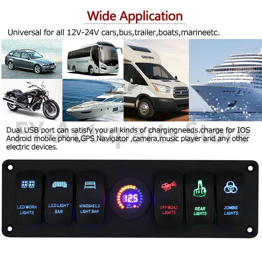 Водонепроницаемая панель с 6 переключателями Светодиодная IP65 для внедорожников