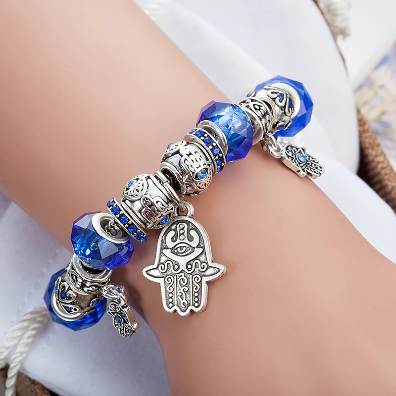 VIOVIA модные синие браслеты с подвесками для женщин Кристальные бусины от сглаза