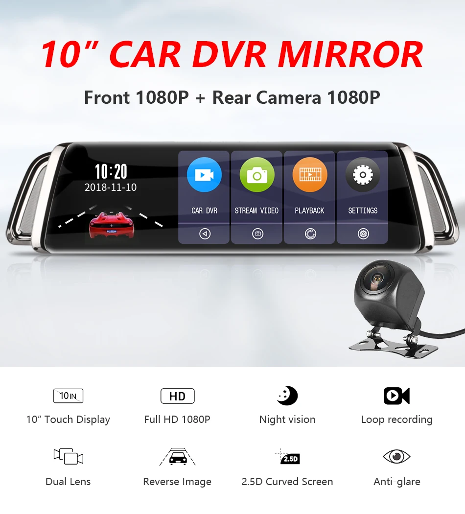 Jansite 10 дюймов 1080P Автомобильная dvr камера заднего вида с сенсорным экраном Dash cam камера Супер ночного видения видеорегистраторы заднего вида с двойным объективом зеркало