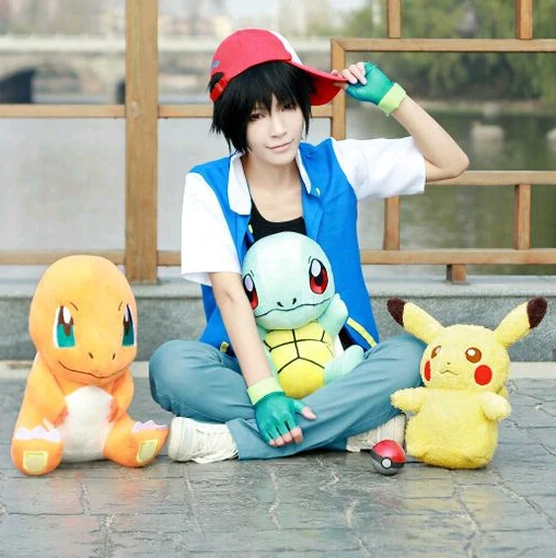 Бесплатная доставка Ash Ketchum тренер костюм Косплэй куртка + перчатки шапка мяч xs-3xl |
