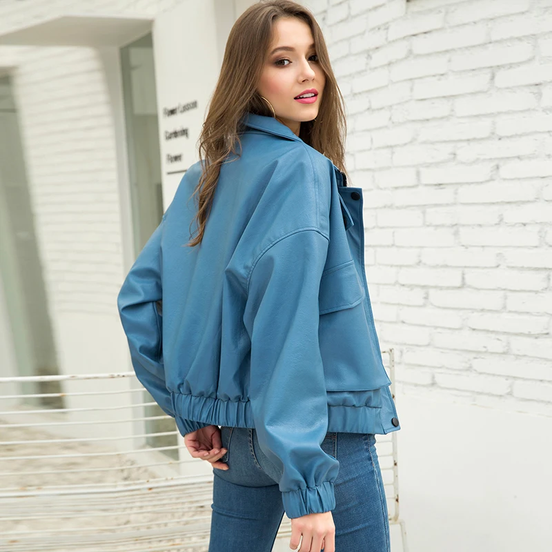 Женская синяя куртка из искусственной кожи весна осень мотоциклетная кожаная