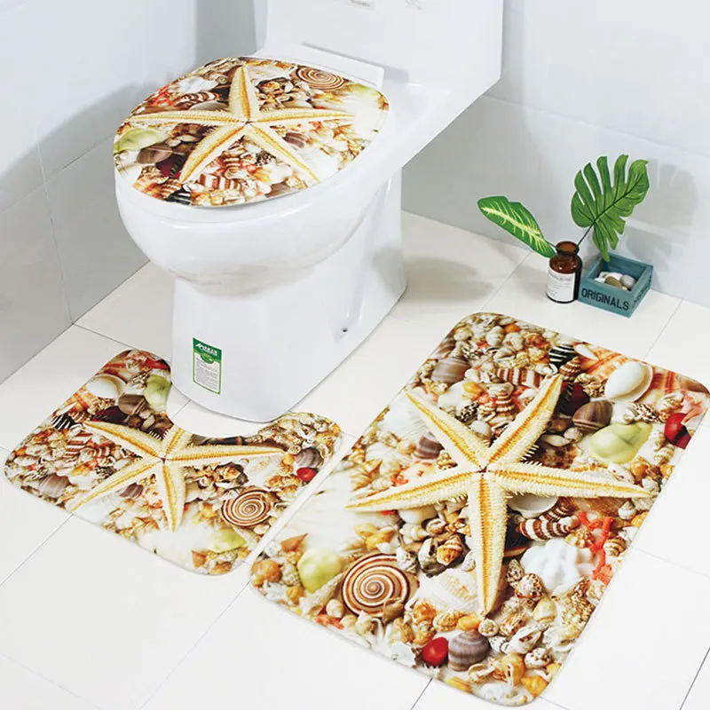 

Beach Shell Printed 3pcs Bathroom Carpet Set Non-slip Toilet Floor Mats Bathroom Pedestal Rug Toilet Lid Cover Soft Bath Mat Set