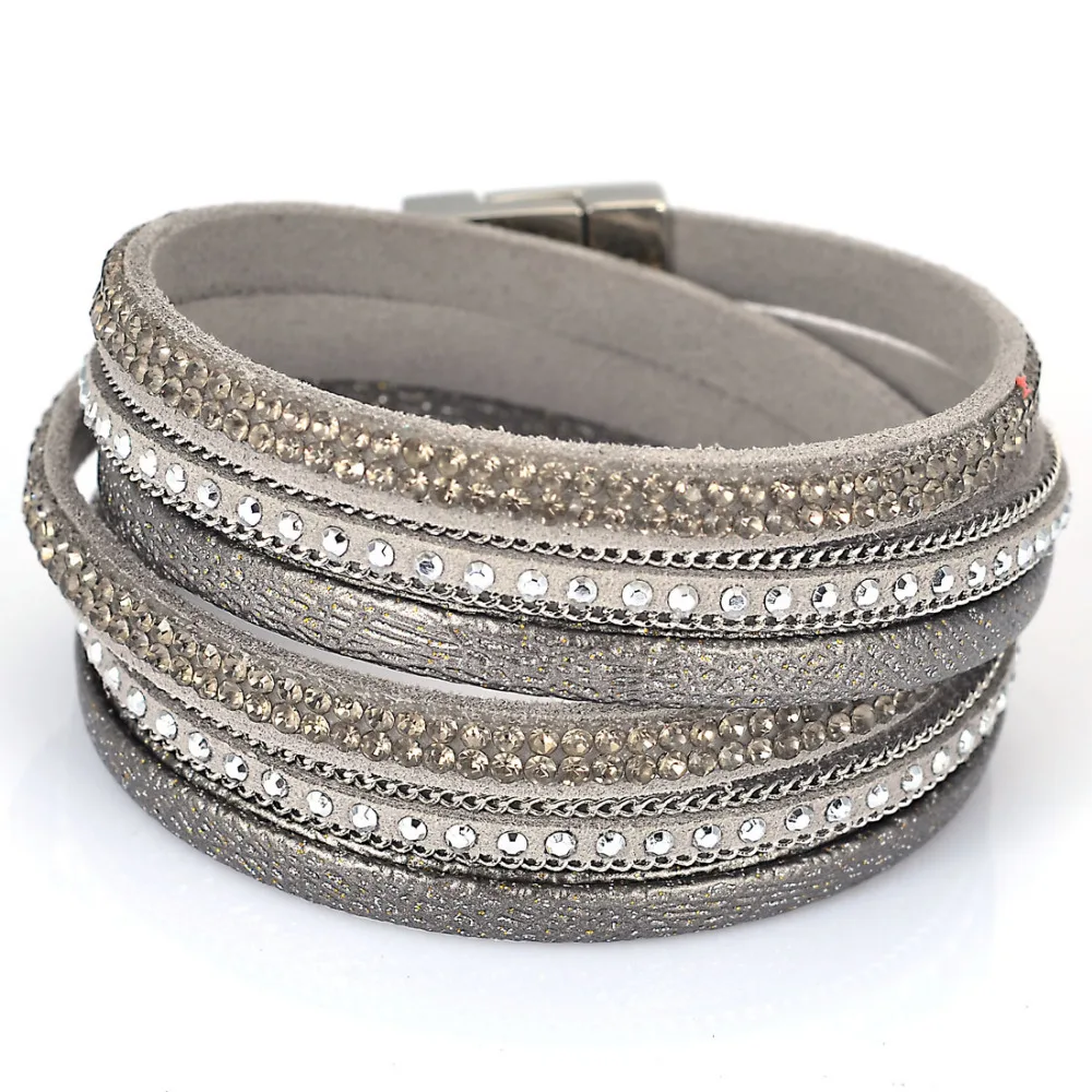 Женский кожаный браслет с двойной металлической цепочкой и кристаллами|wrap leather