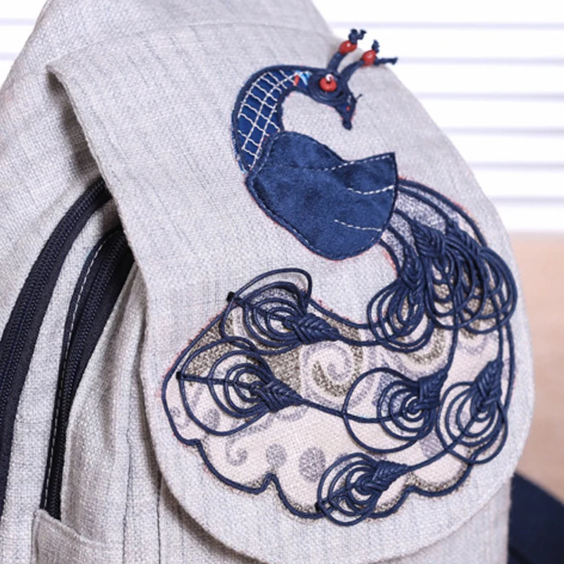 

Luxury Embroidery Women Small Backpack High Quality Durable Linen Backpack Fashion Peacock Pattern Female Daypack Backpack