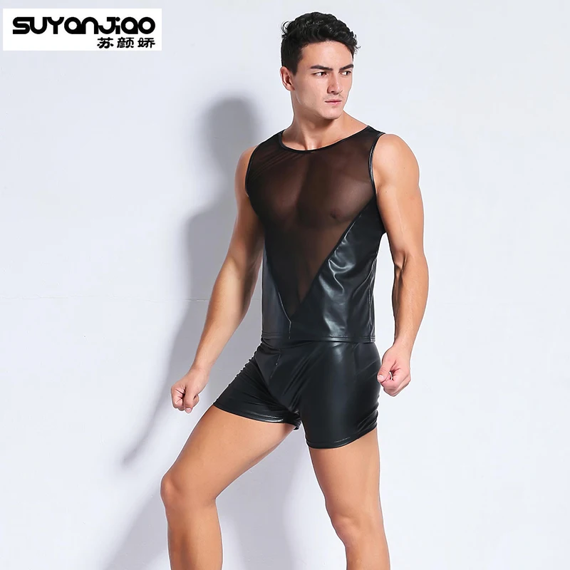 Комплект из майки и шортов мужской искусственной кожи пикантный прозрачный топ