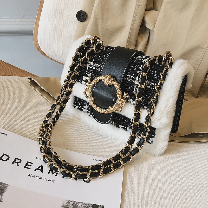 TekiEssica Зимняя шерстяная клетчатая сумка с меховыми перьями мини клапаном сумки