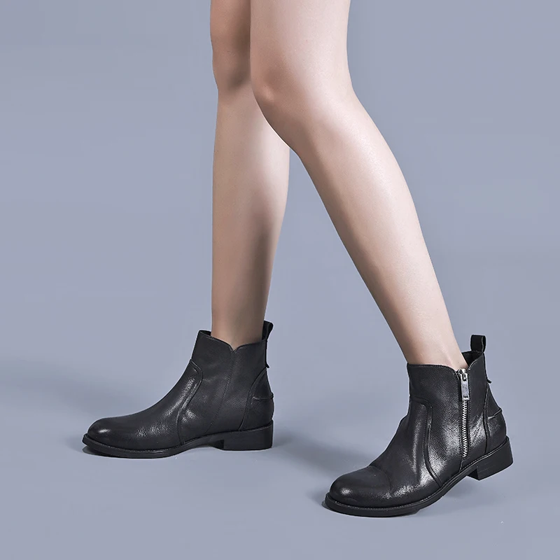 NEMAONE Women Boots Genuine Leather Chelsea Boots Handmade Ankle Boots Brand rouned Toe zipper Ladies Shoes Plush Size 42 43 44
