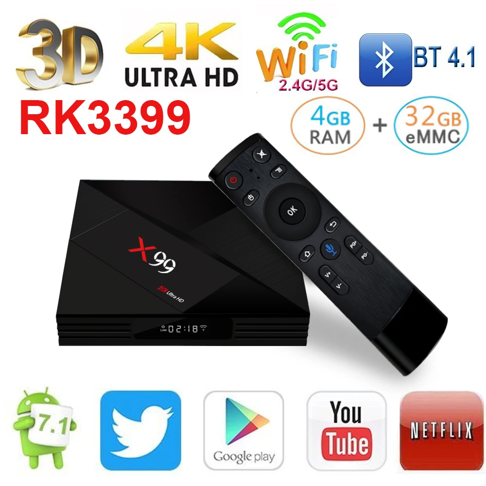L8STAR X99 Android 7 1 ТВ приставка RK3399 4 Гб ОЗУ 64 ПЗУ с голосовым пультом дистанционного