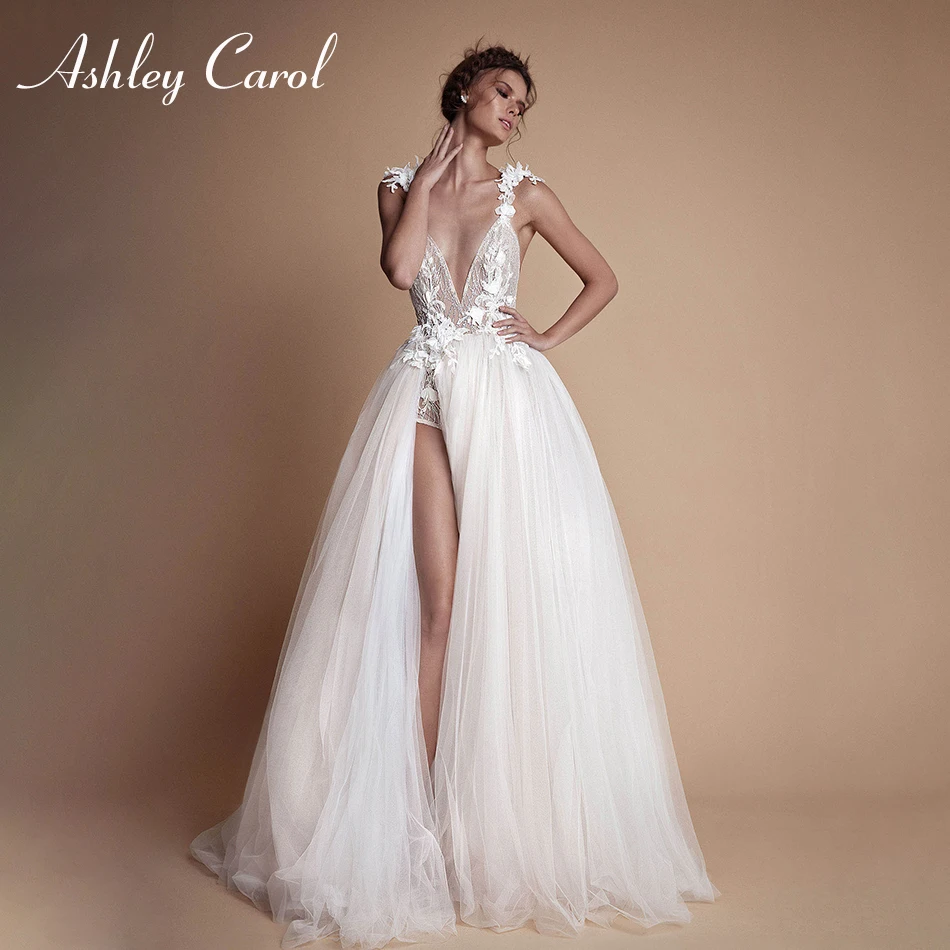 Пляжное свадебное платье Ashley Carol 2022 на тонких бретелях с открытой спиной цветами
