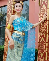 asian thai laos vietnam dai nation folk dance traditional dress blue queen single shoulder ancient thailand style outfit