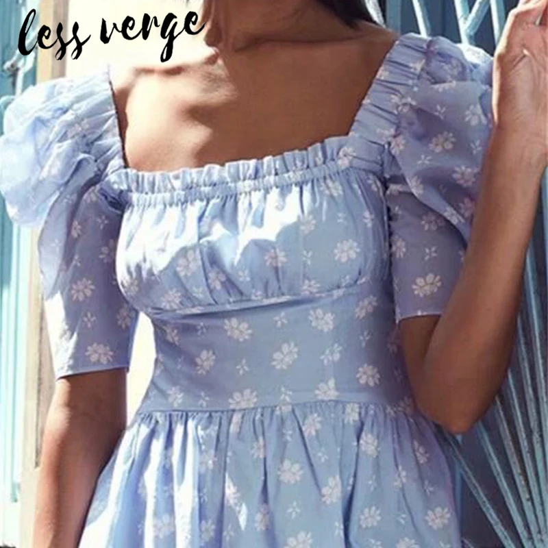 Lessverge платье с цветочным принтом и оборками синее летнее женское короткое