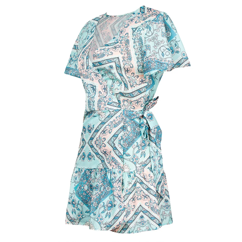 Женское платье с v образным вырезом и поясом плиссированное летнее Повседневное