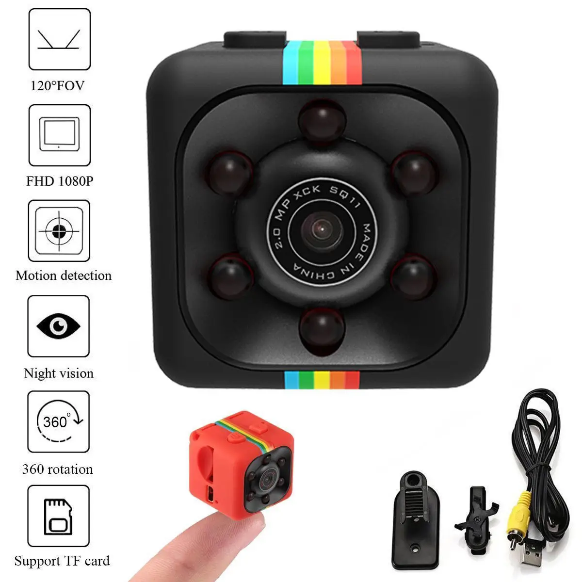 

Black SQ11 DVR Recorder 120 Degree FOV Night Vision Mini Camera 1080P HD USB