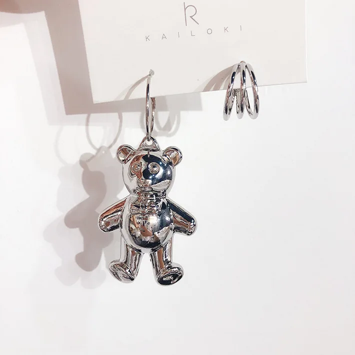 Корея модный мультфильм медведь металлический круг асимметричные серьги-подвески для женщин модные ювелирные изделия животное золотого цвета Pendientes подарки - Окраска металла: silver color