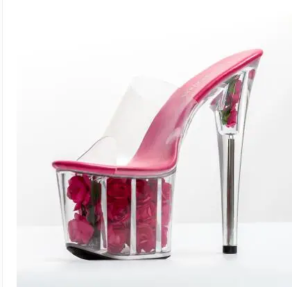 Platform Women Slippers Shoes Thin Heel Ultra High Heels 17CM Flowers Transparent Crystal Sandals Female | Обувь