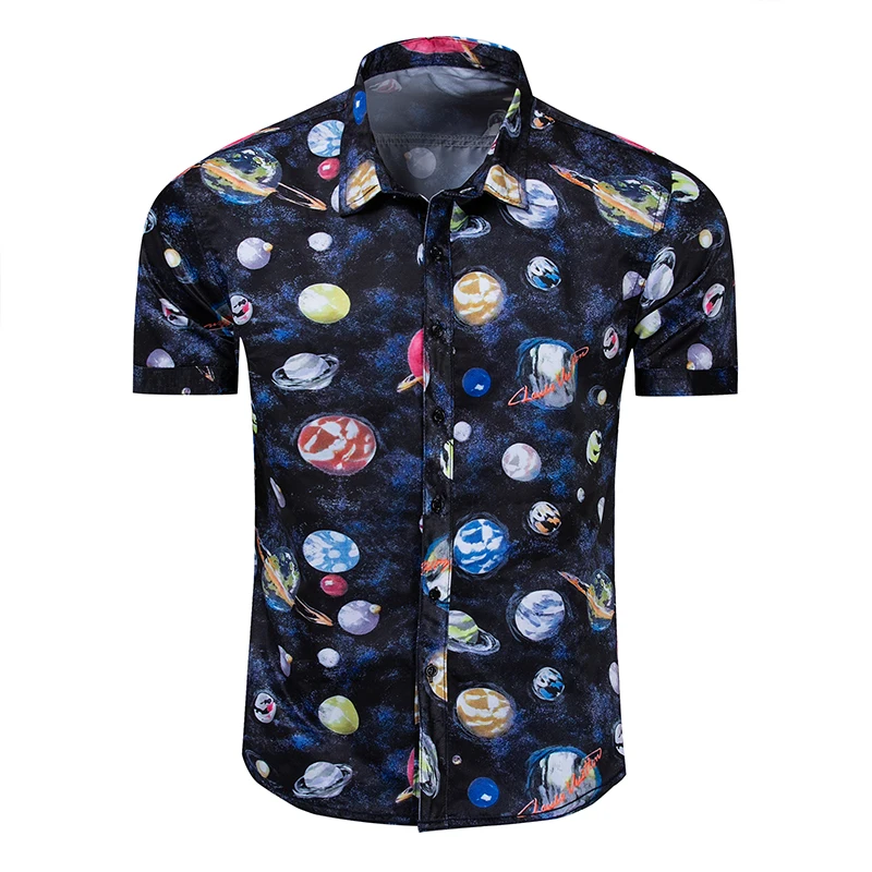 Фото Мужские рубашки летняя модная новая хлопковая рубашка космическая планета с