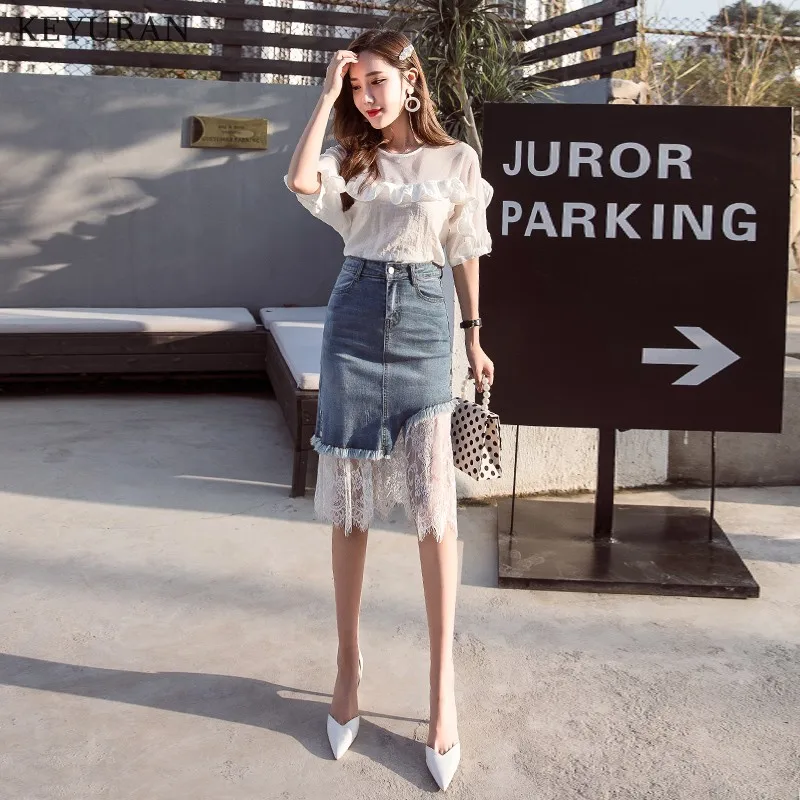 2020 модные джинсовые юбки женские летние кружевные сетчатые в стиле пэчворк