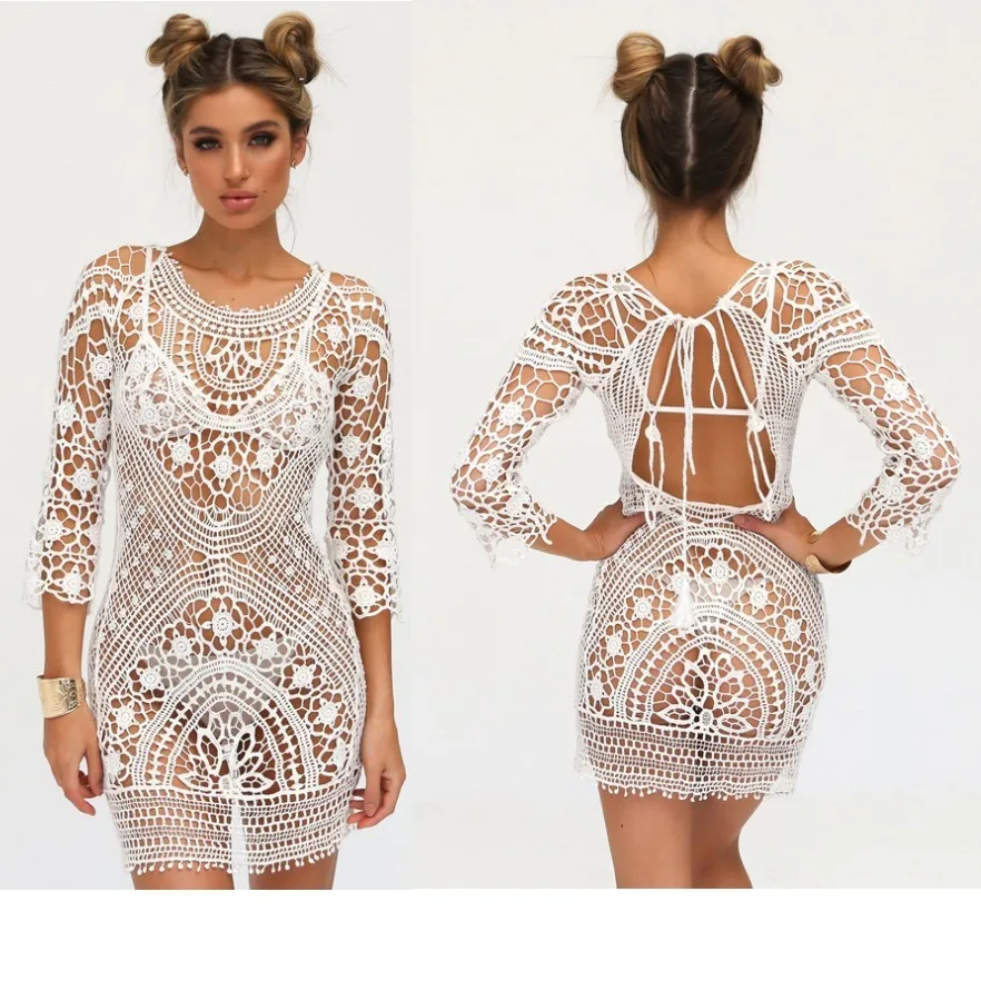 A8 beige Женский купальный костюм, накидка, вязанное крючком кружево, бикини, купальник, платье, сексуальный,, летний, открытая, Пляжная, длинная, макси, с разрезом, для девушек, свободная - Цвет: A8 beige