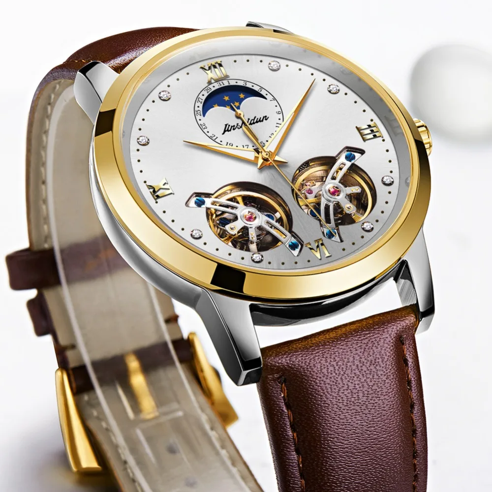 Часы-скелетоны JSDUN мужские с двойным турбийоном и циферблатом из белого золота