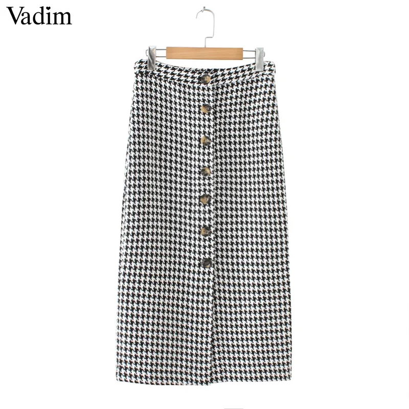 Vadim Женская винтажная клетчатая миди юбка faldas mujer Houndstooth пуговицы Ретро Женская одежда повседневные шикарные юбки BA138