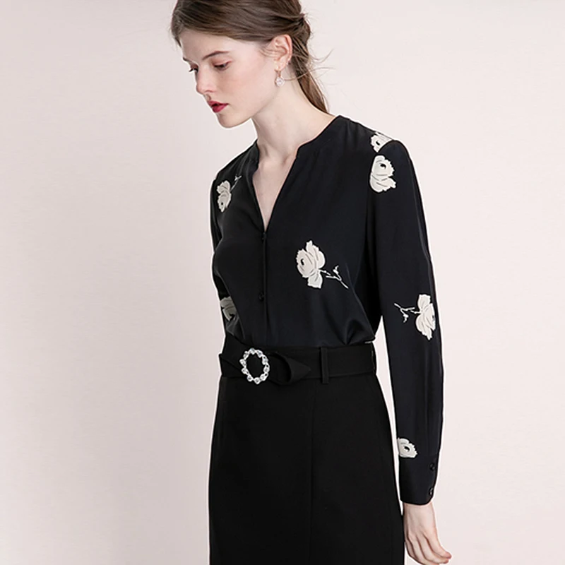 100% Шелковая женская блузка с принтом розы v-образный вырез длинный рукав