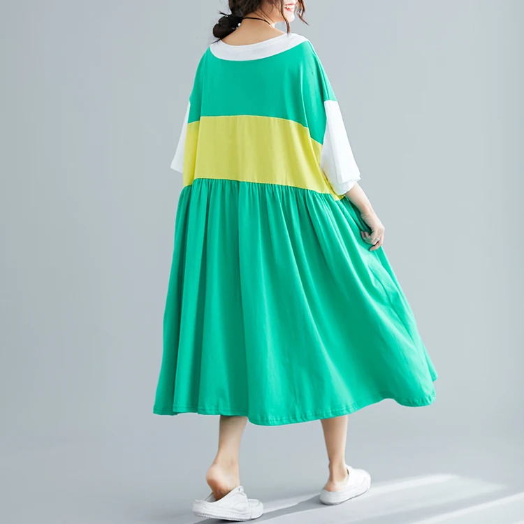 Plus Size Korean Cotton T Shirt Dress Summer Midi Patchwork Dresses For Women 4XL 5XL 6XL 7XL Vestidos Loose Pleated Dress