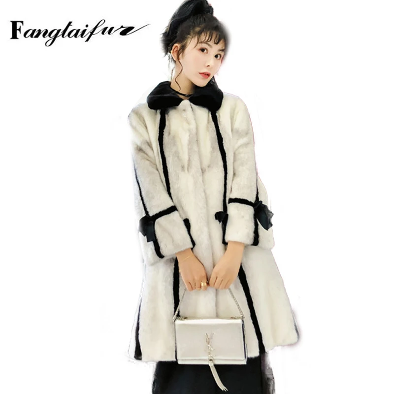 

Fang Tai Fur New Import Velvet Mink Fur Coat Turn-Down Collar Striped Mink Coat Women's Medium Ribbons Real Mink Fur Coats