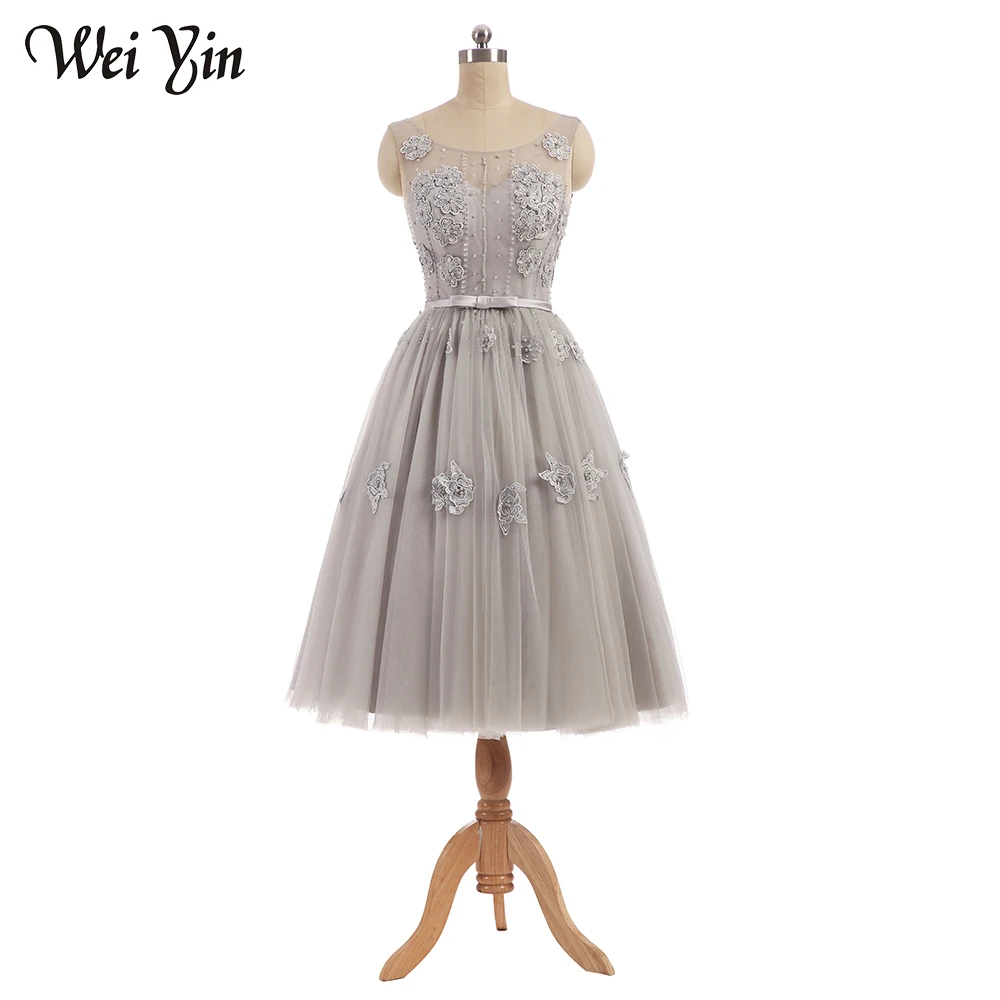 WeiYin Robe de Soiree Elegant O-neck Sleeveless Appliques Beading Evening Party Gray Lace Tea-Length Dresses | Свадьбы и торжества
