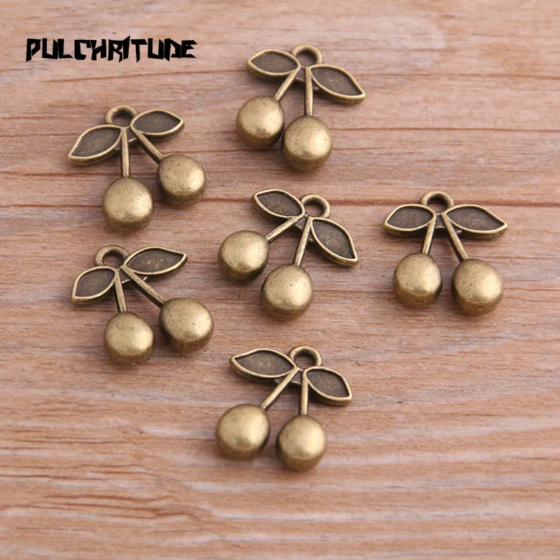 PULCHRITUDE 10PCS 15*17mm Two Color Fruit Charms Cherry Pendant Jewelry Metal Alloy Jewelry Marking