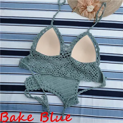 Lake Blue Set Ручной работы крючком кружева вязать бюстгальтер купальники пляж пуш-ап бикини набор Холтер Cami Tank Crop Top - Цвет: Lake Blue Set