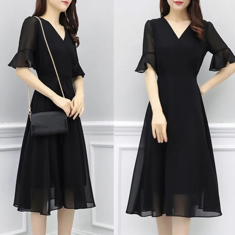 Летнее шифоновое платье модное женское длинное с v образным вырезом Hepburn Черное