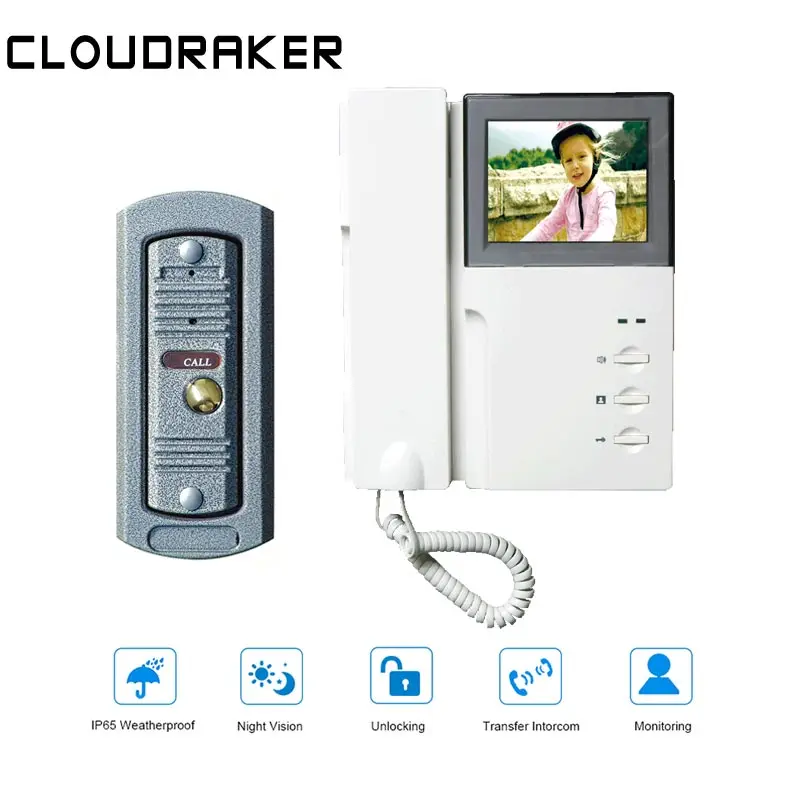 Белый CLOUDRAKER 4,3 ''видео домофон 1х монитор с 1х глазок Проводной Видео дверной телефон камера ИК ночного видения разблокировка - Цвет: Белый