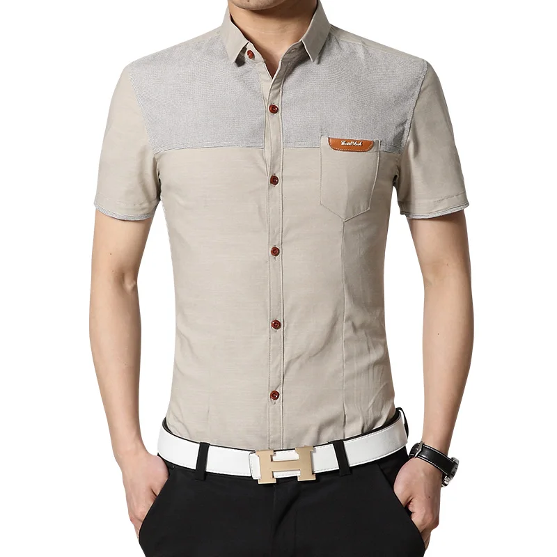 Nisexper Для мужчин Модная, с короткими рукавами рубашка Slim Fit мужской социальной платье в деловом стиле Рубашка удобная брендовая одежда плюс Размеры 5XL - Цвет: Хаки