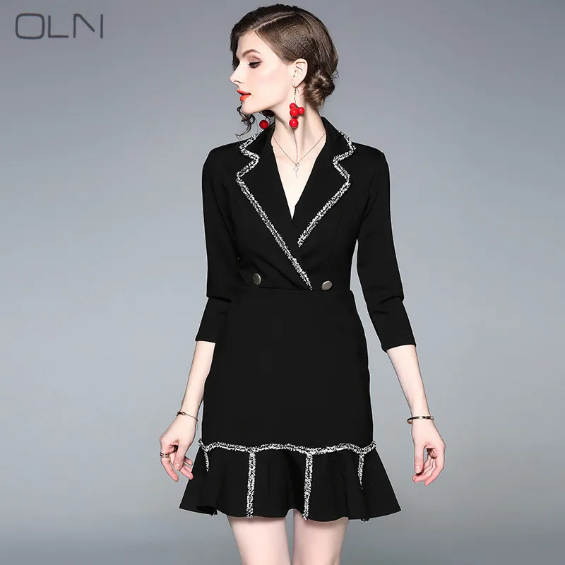 Dress summer vestidos Korean OLN spring black suit collar ruffled waist slimming sexy fishtail dress for women w - Цвет: Черный