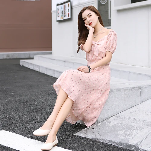 Slash шеи Пышный рукав бант в горошек модная одежда повседневном стиле