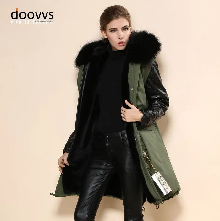 Модные зимние теплые меховые пальто с кожаным рукавом армейского зеленого цвета