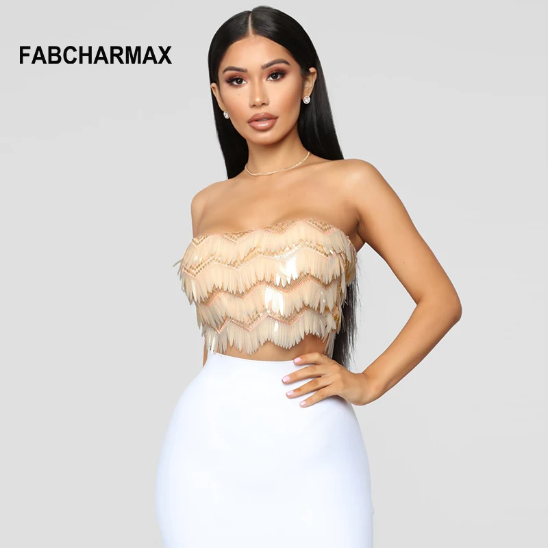 Женские топы с блестками летний сексуальный Топ без бретелек пляжная одежда для