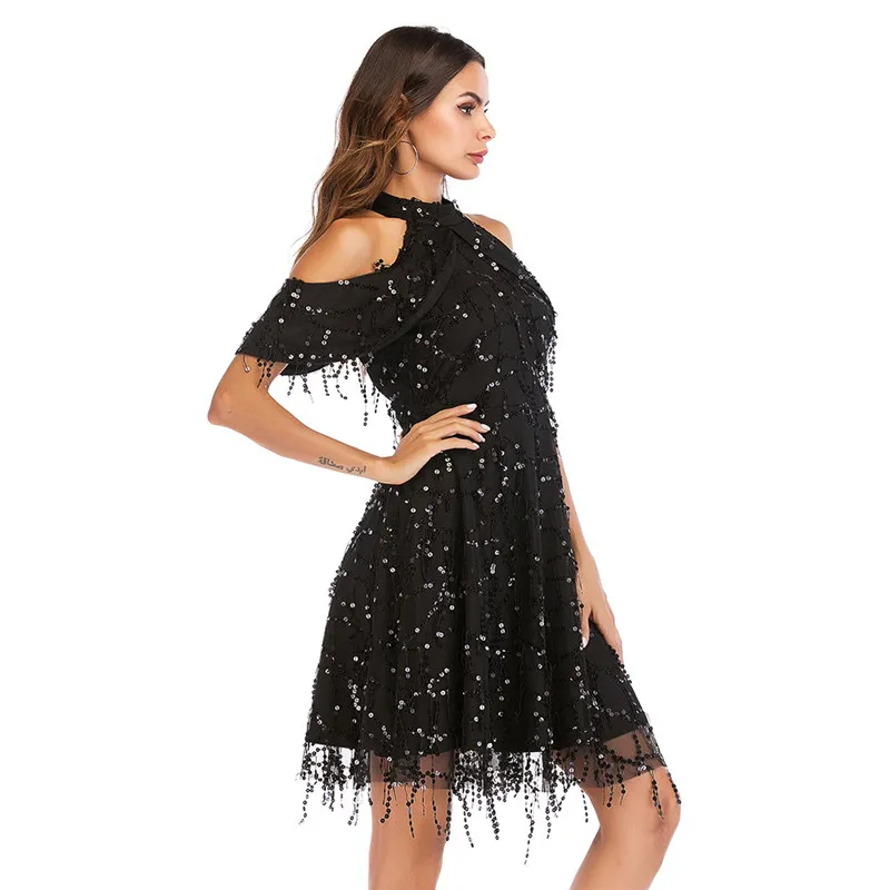 Женское летнее платье черное элегантное вечернее средней длины с блестками