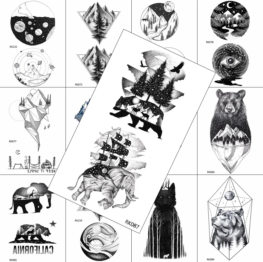 Временные татуировки с черным слоном и медведем Реалистичная наклейка
